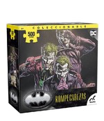 Rompecabezas coleccionable Three Joker de 500 piezas, mostrando la caja con el arte principal de DC Comics.