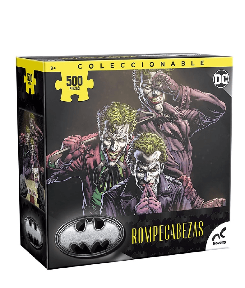 Rompecabezas coleccionable Three Joker de 500 piezas, mostrando la caja con el arte principal de DC Comics.