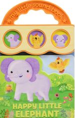 Happy Little Elephant sound book with a wooden module and a carry handle, featuring a smiling elephant illustration on the co