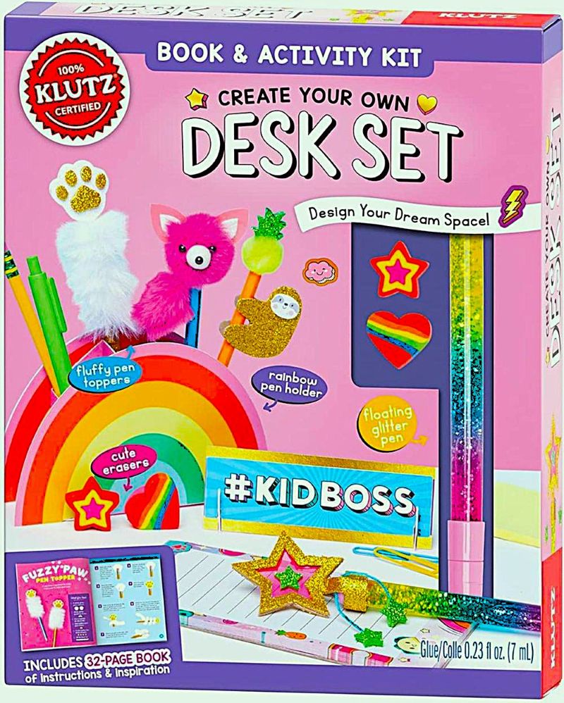 Klutz Create Your Own Desk craft kit showing various colorful materials and tools for designing a personalized workspace.