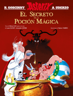 Portada de Asterix. El secreto de la poción mágica, mostrando a Asterix, Obelix y Panoramix en una escena cómica con un fondo