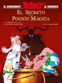 Portada de Asterix. El secreto de la poción mágica, mostrando a Asterix, Obelix y Panoramix en una escena cómica con un fondo