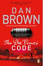 The Da Vinci Code book cover, featuring a stylized Leonardo da Vinci painting and cryptic symbols, representing Dan Brown's t