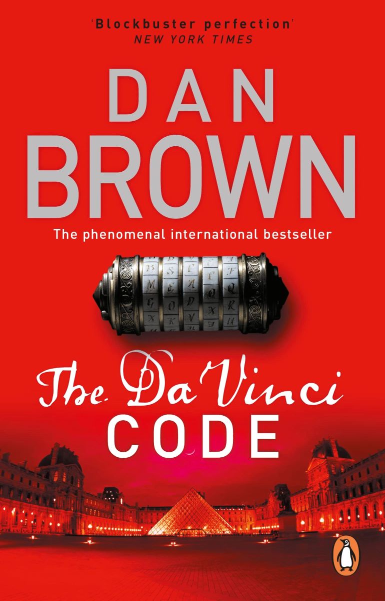 The Da Vinci Code book cover, featuring a stylized Leonardo da Vinci painting and cryptic symbols, representing Dan Brown's t