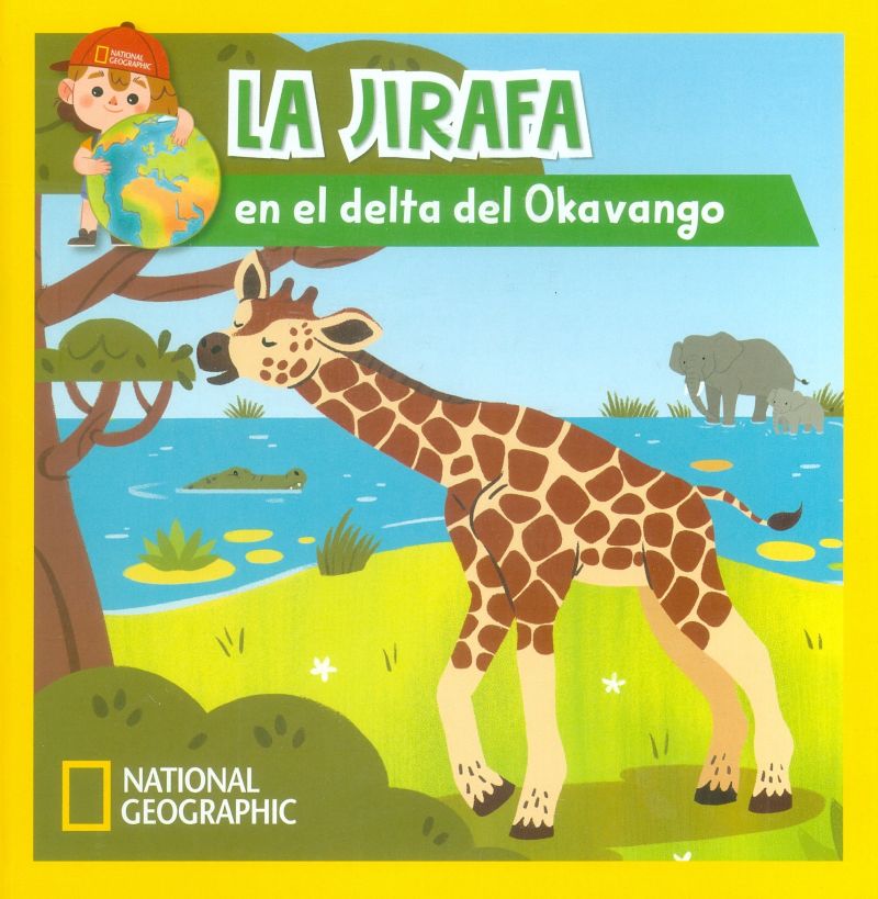 Portada del libro 'La Jirafa En El Delta Del Okavango' mostrando una majestuosa jirafa en su hábitat natural.