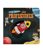 Portada del libro Muevo y descubro Las profesiones con ilustraciones de oficios como bombero y médico.