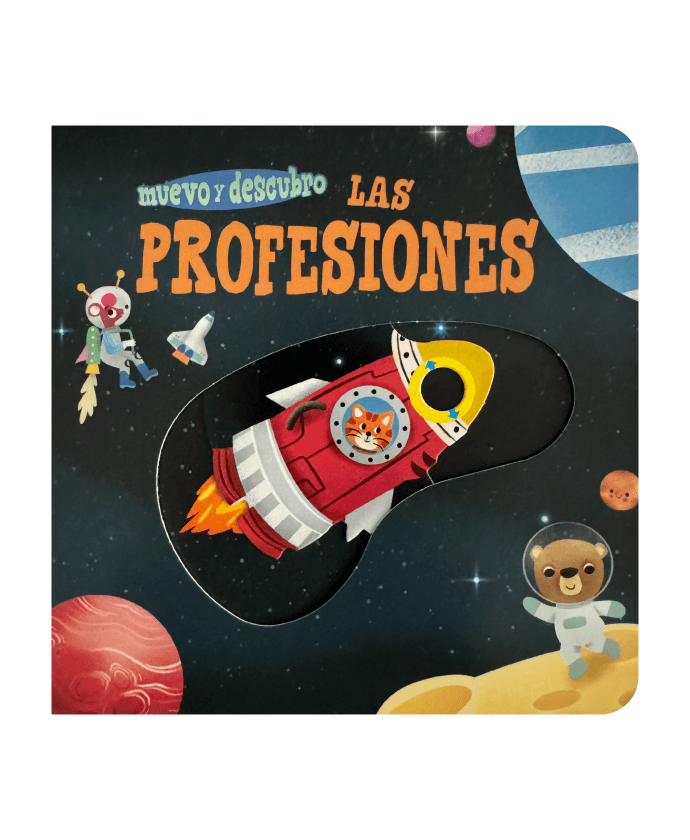 Portada del libro Muevo y descubro Las profesiones con ilustraciones de oficios como bombero y médico.