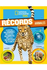 Portada del libro 'Récords animales' mostrando ilustraciones de diversas criaturas asombrosas y sus habilidades extremas.