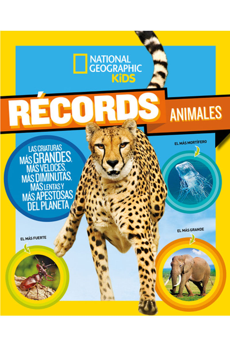 Portada del libro 'Récords animales' mostrando ilustraciones de diversas criaturas asombrosas y sus habilidades extremas.