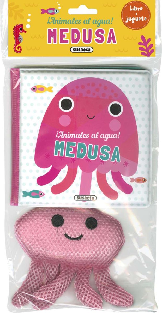 Libro de baño ¡Animales Al Agua!: Medusa, de plástico colorido con ilustraciones de medusa y burbujas.