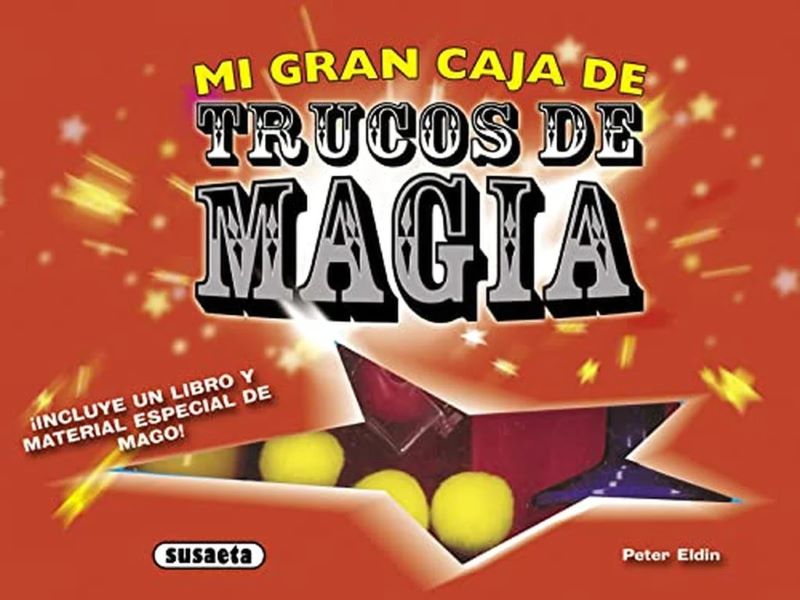 Cubierta del libro Trucos De Magia: Mi Gran Caja, mostrando elementos mágicos como varitas y sombreros para niños.