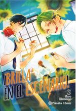 Portada del manga ¡Brilla en el escenario! Nº 03/03 con dos personajes masculinos en un abrazo, tonos pastel y elementos de e