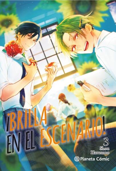 Portada del manga ¡Brilla en el escenario! Nº 03/03 con dos personajes masculinos en un abrazo, tonos pastel y elementos de e